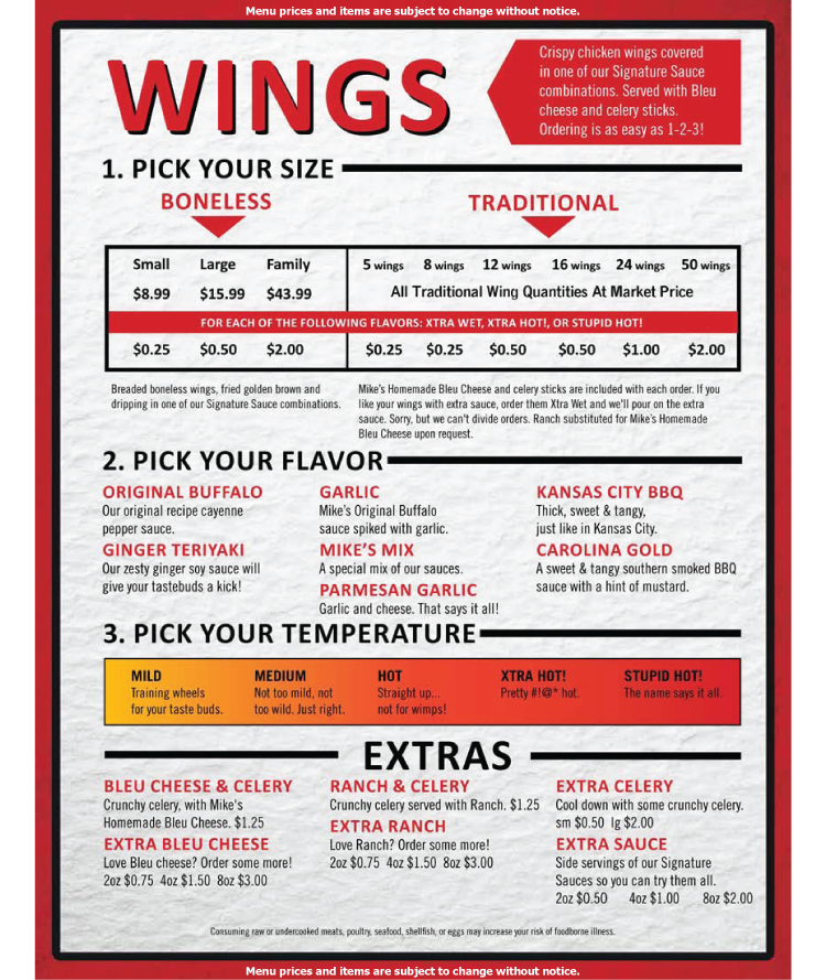 Wings menu page